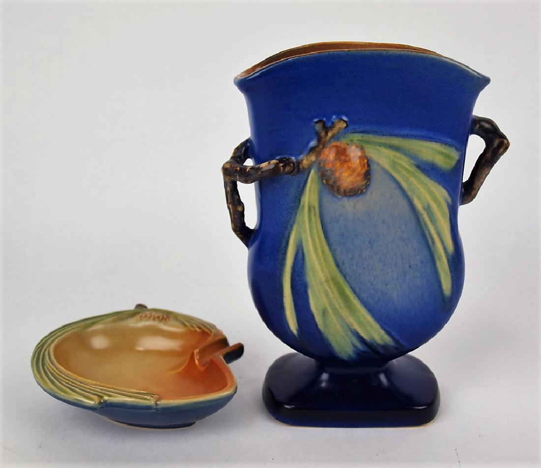 Roseville blue pine cone vase, 7 1/2" and ashtray (1 of 1)