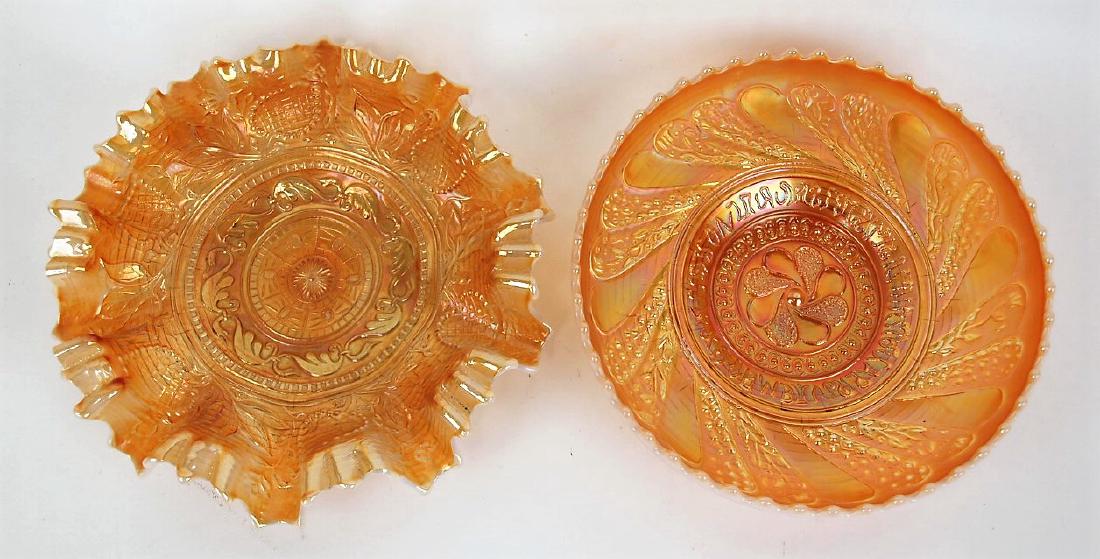 Dugan carnival glass peach opalescent lot of 2 bowls:: Dugan carnival glass peach opalescent lot of 2 bowls: 9" Faniciful and 8" Round upbowls: 9" Faniciful and 8" Round up