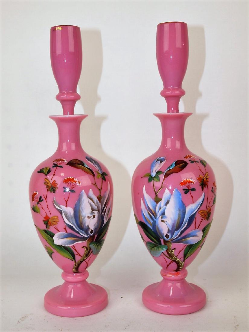 Pink Bristol glass pair of perfume bottles with floral (1 of 1)