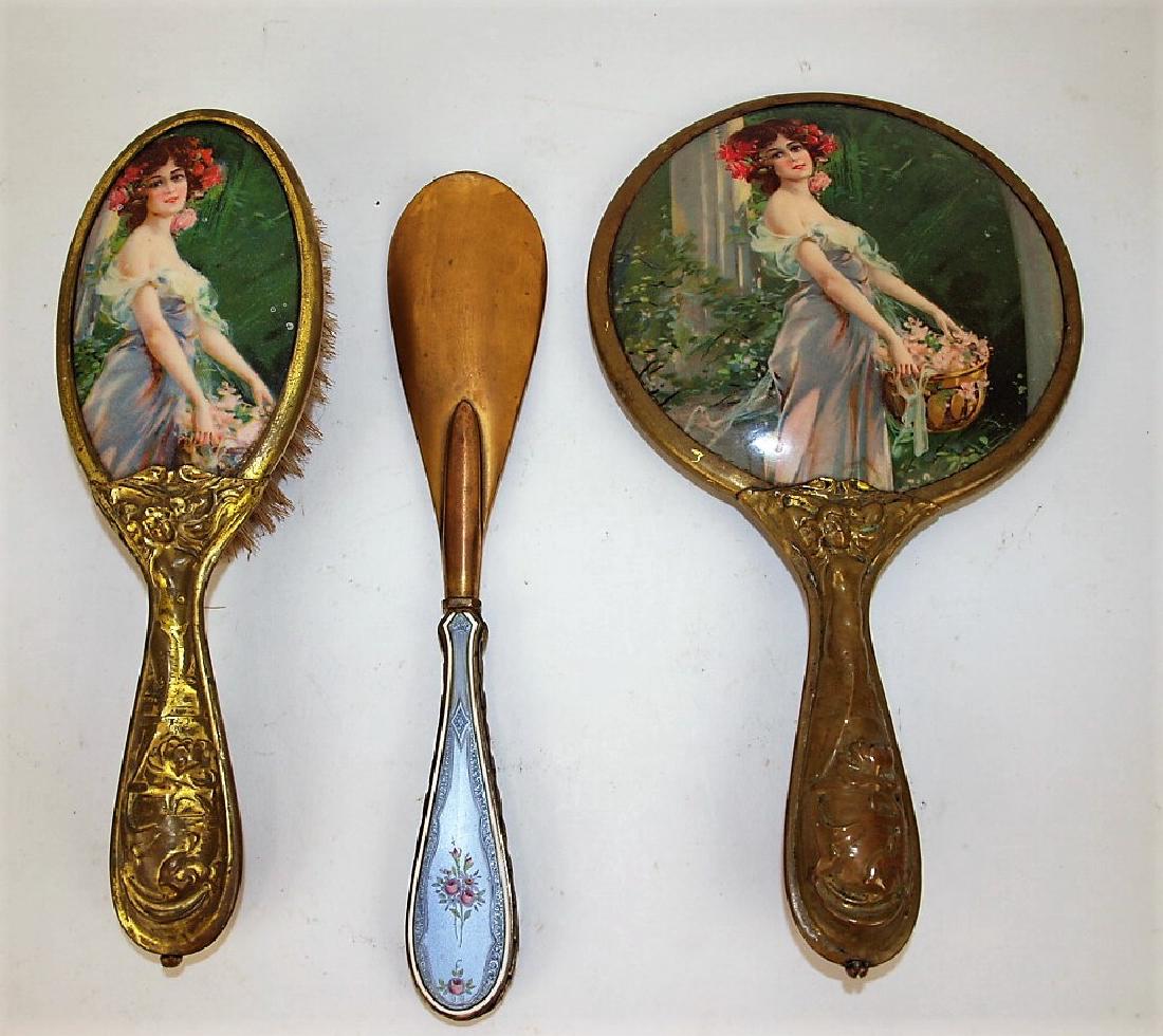 Art Nouveau brush & mirror set with brass lady embossed (1 of 3)