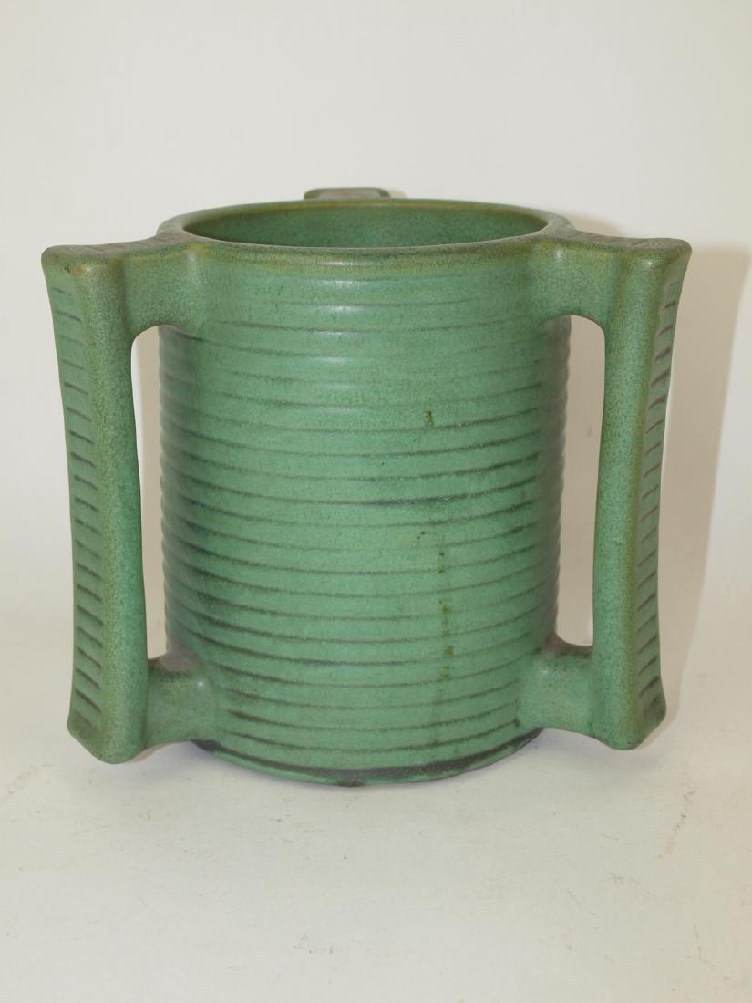 Teco green tri-handled art pottery vase, #278, double (1 of 2)