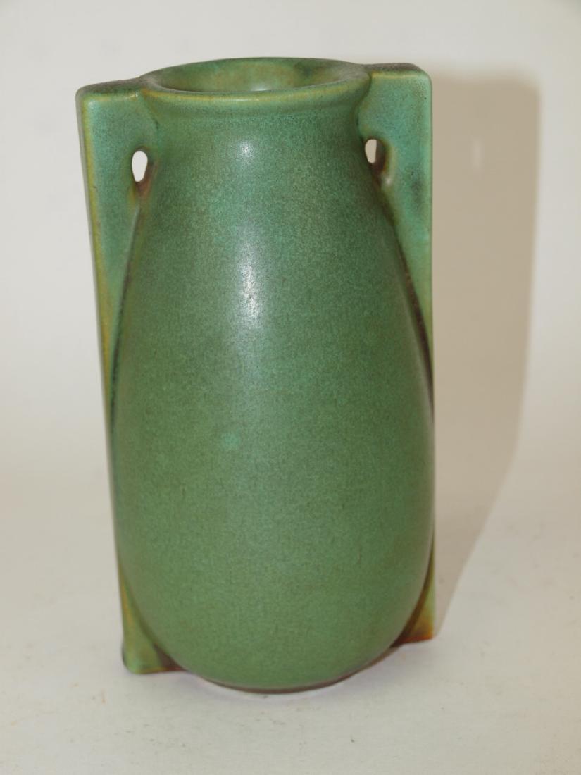 Teco green double handled art pottery vase, signed (1 of 3)