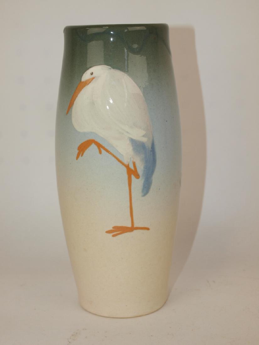 Owens Lotus art pottery vase with stork, artist signed (1 of 3)