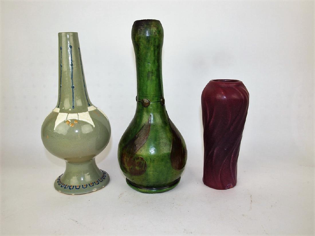 Art pottery lot of 3 vases: Roseville Aztec 10", dark (1 of 1)