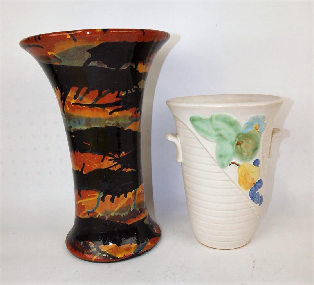 Red ware multi color pottery vase 12 1/2" and Weller: Red ware multi color pottery vase 12 1/2" and Weller vase with fruit, 9"Weller vase with fruit, 9"