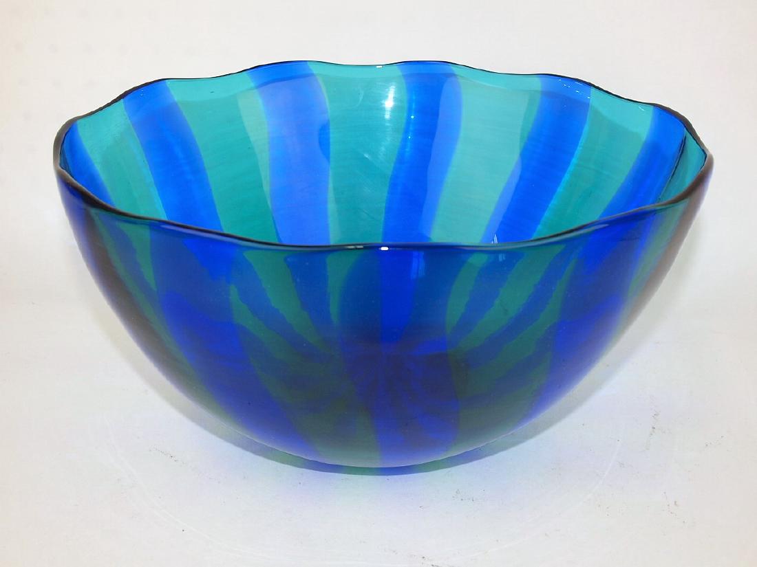 Venini large blue and green verticle striped bowl, (1 of 3)
