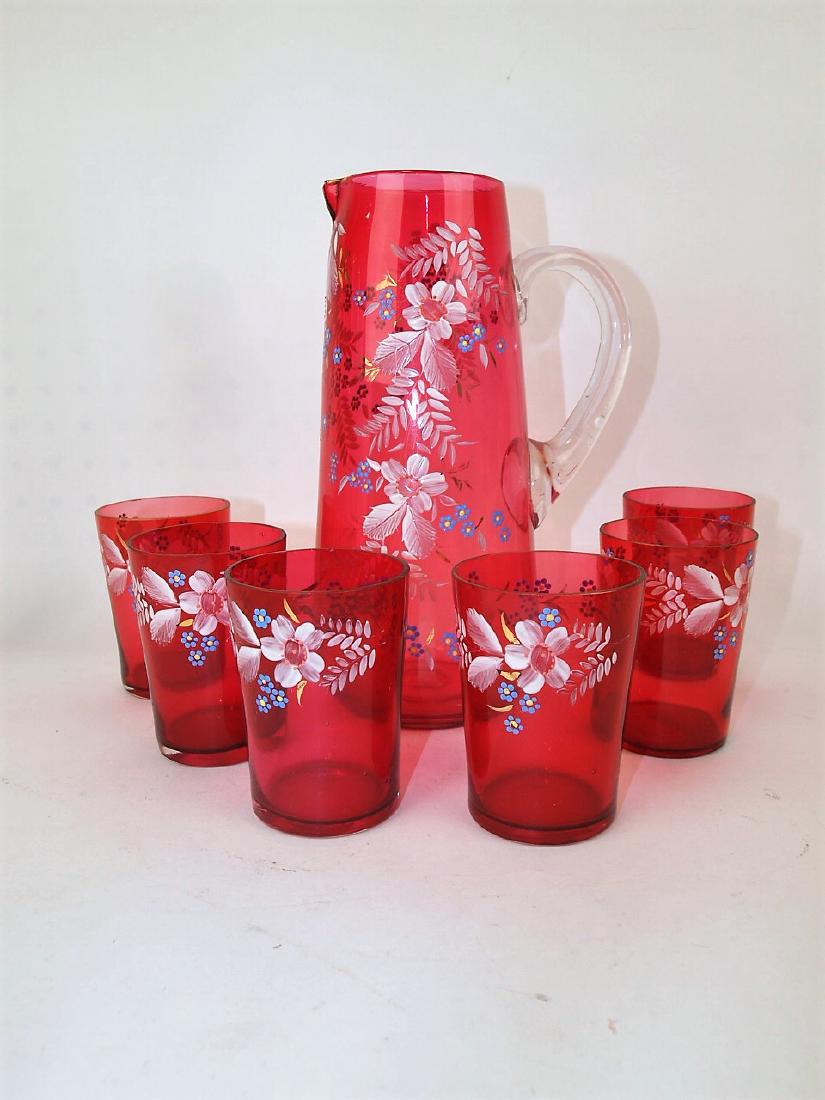Cranberry 7 piece floral enameled water set, nick to (1 of 1)