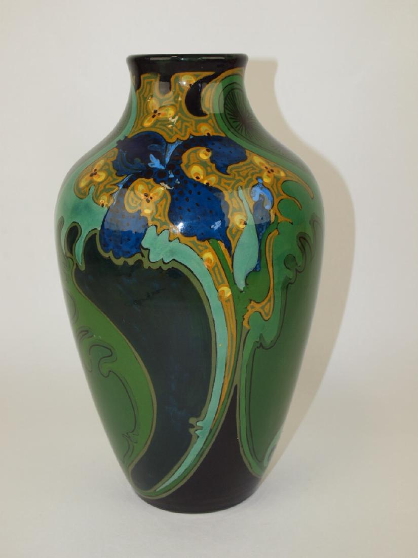 Gouda art pottery vase with iris, 12 1/2" (515) (1 of 2)