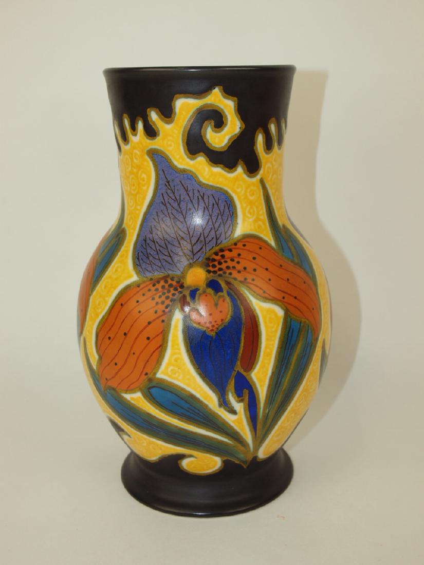 Gouda art pottery vase with iris, 10" (516) (1 of 2)