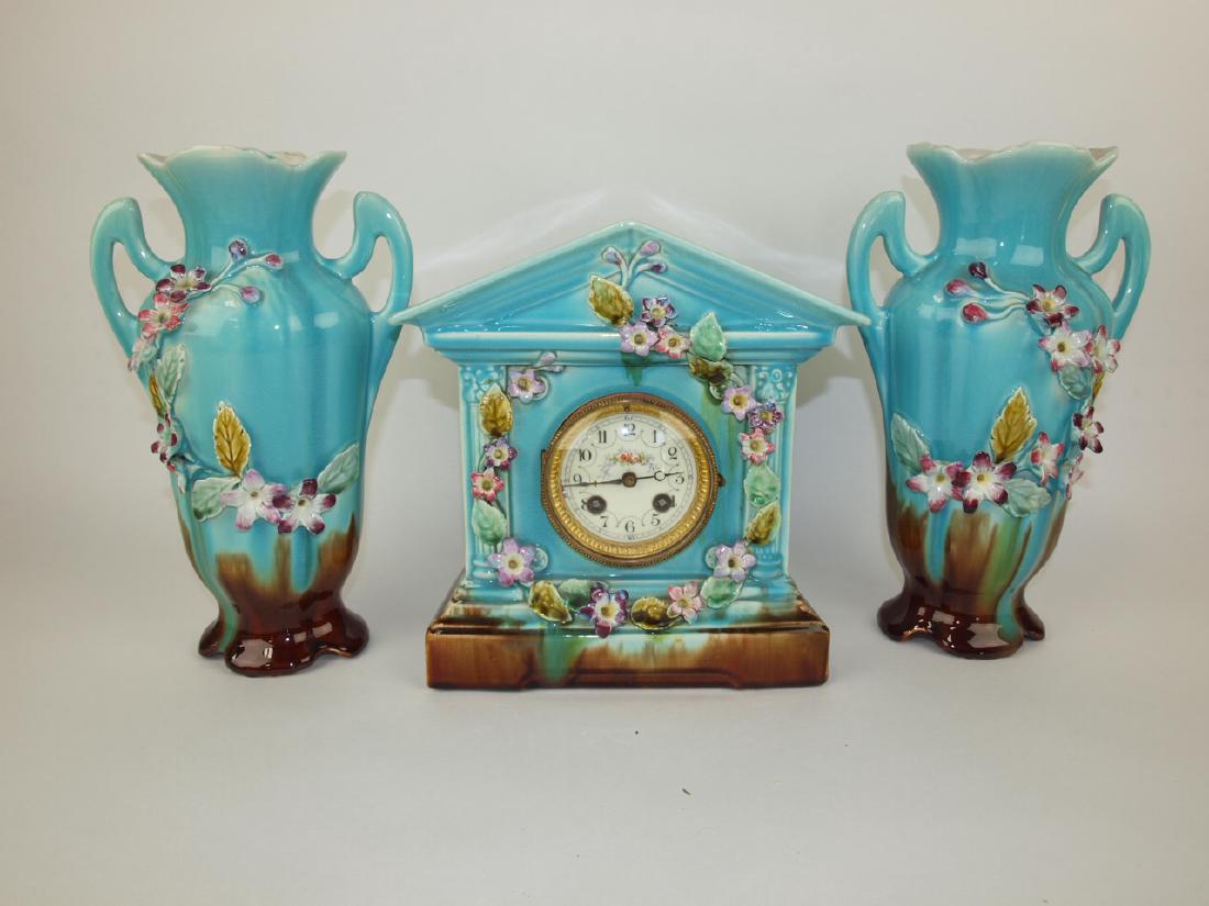 European Majolica china clock and pair of matching (1 of 1)