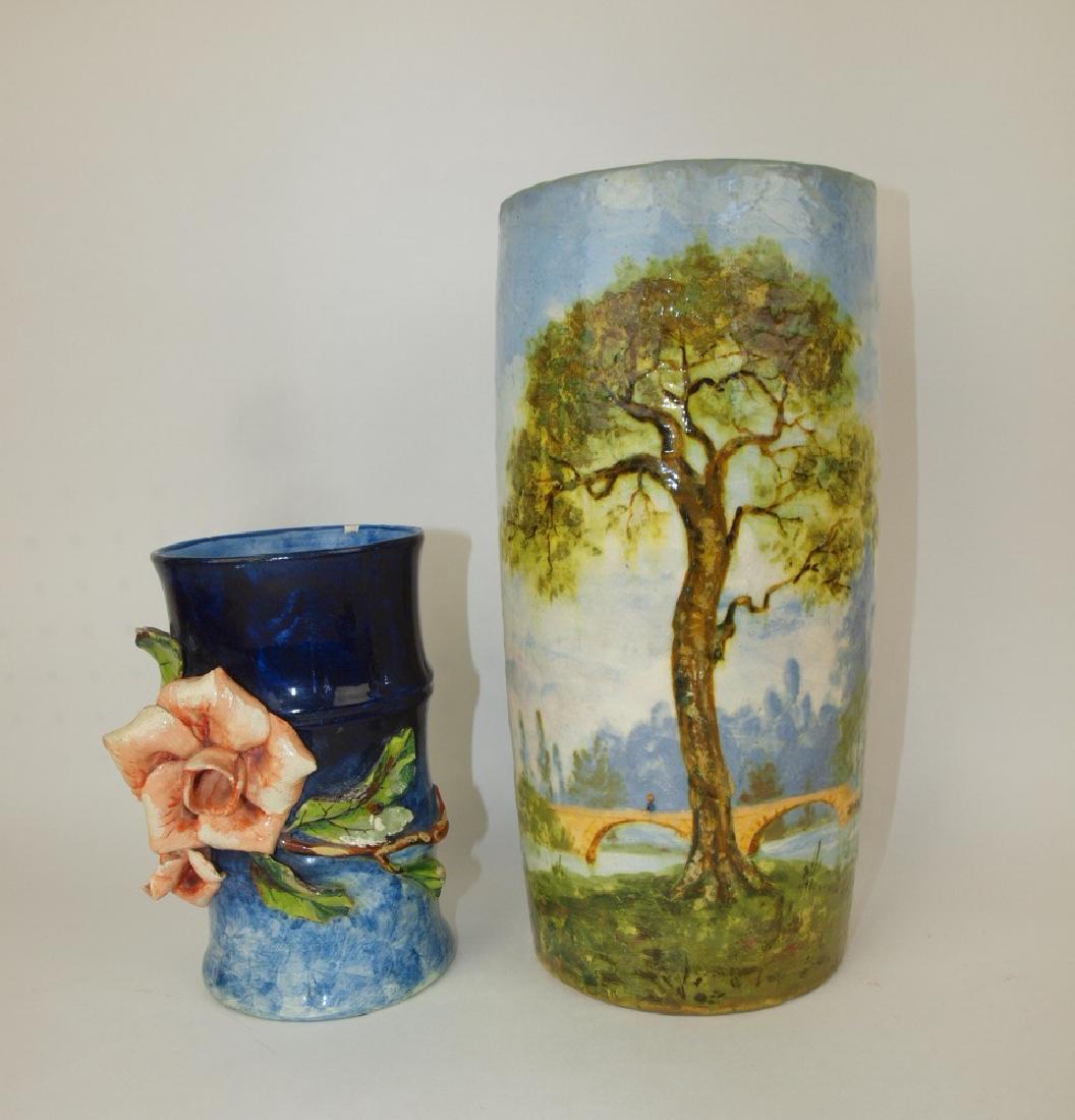 Faience vase with applied flowers and tall Faience: Faience vase with applied flowers and tall Faience landscape vase, losses and repairs, 7 1/2" and 12"landscape vase, losses and repairs, 7 1/2" and 12"