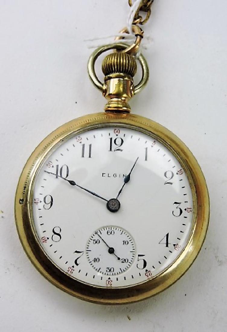 Elgin open face pocket watch with nice chain, 15j, runs (1 of 3)