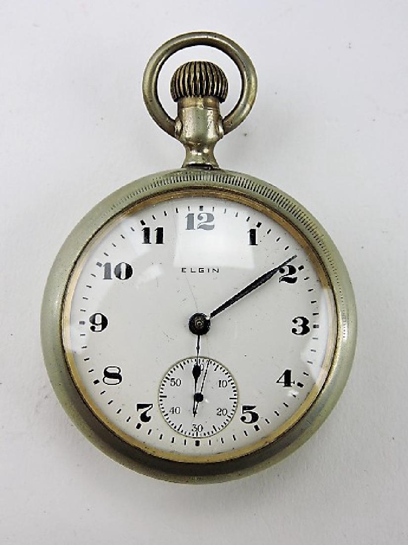 Elgin 18s 15j open face Oresilver pocket watch, Ball: Ball model case with engraved train engine