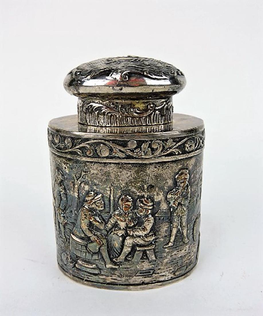 English silver tea caddy with embossed street scene and (1 of 2)