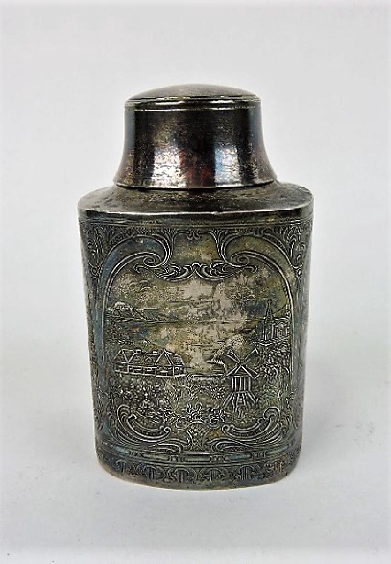 English silver tea caddy with embossed scene with (1 of 1)