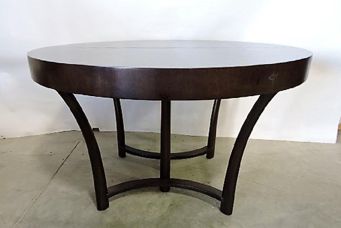 Mid Century Modern Widdicomb by Robsjohn-Gibbings round: round dining table, 48"d, with 3 - 12" leaves and table pads, tag Widdicomb Furniture Co