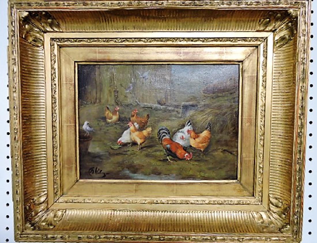 Early oil on canvas of chickens in barn yard, 12 1/2" x: 12 1/2" x 9 1/2", signed