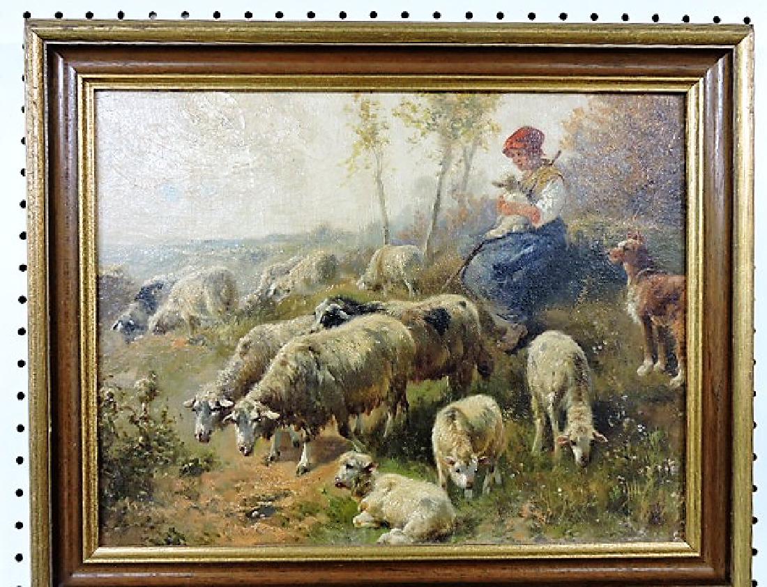 Oil on board painting of girl with sheep in meadow 18" (1 of 1)