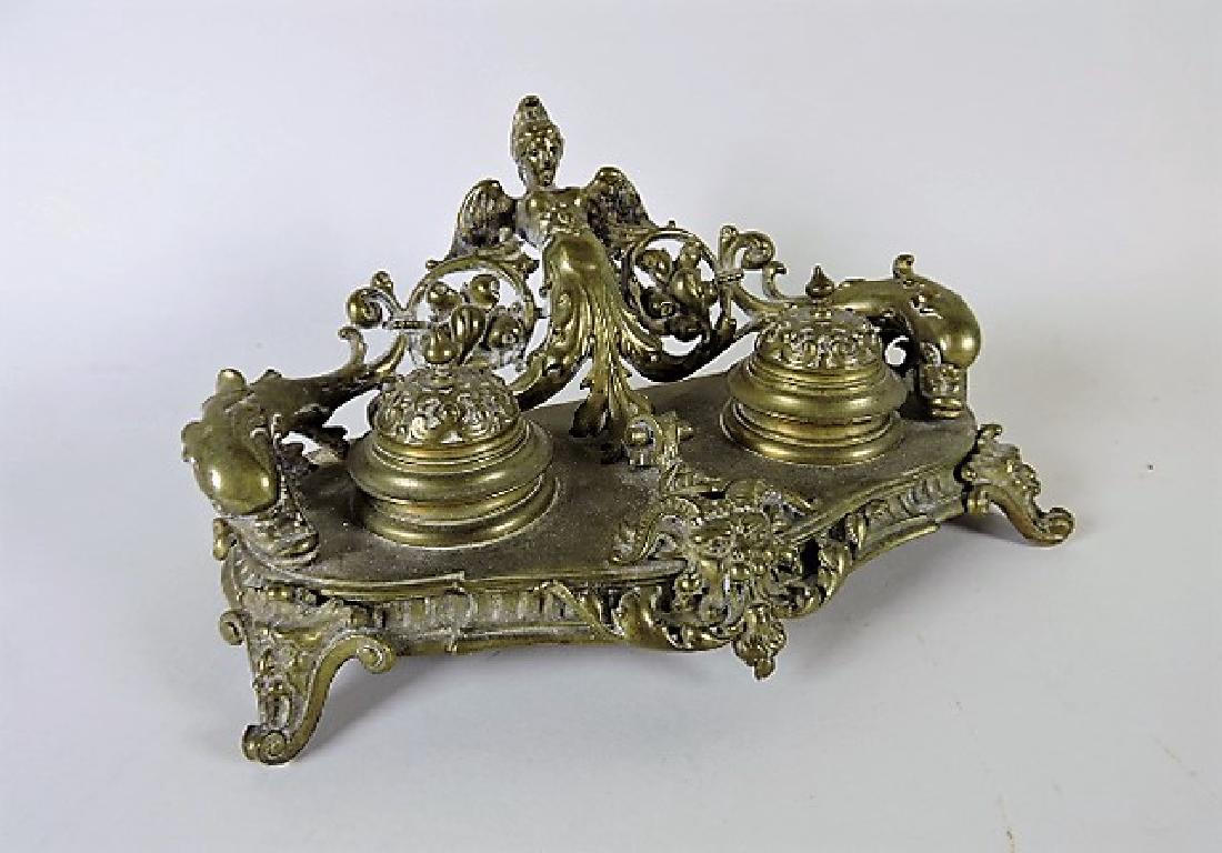 Brass inkwell desk stand with lady and dolphin, 9"w (1 of 1)