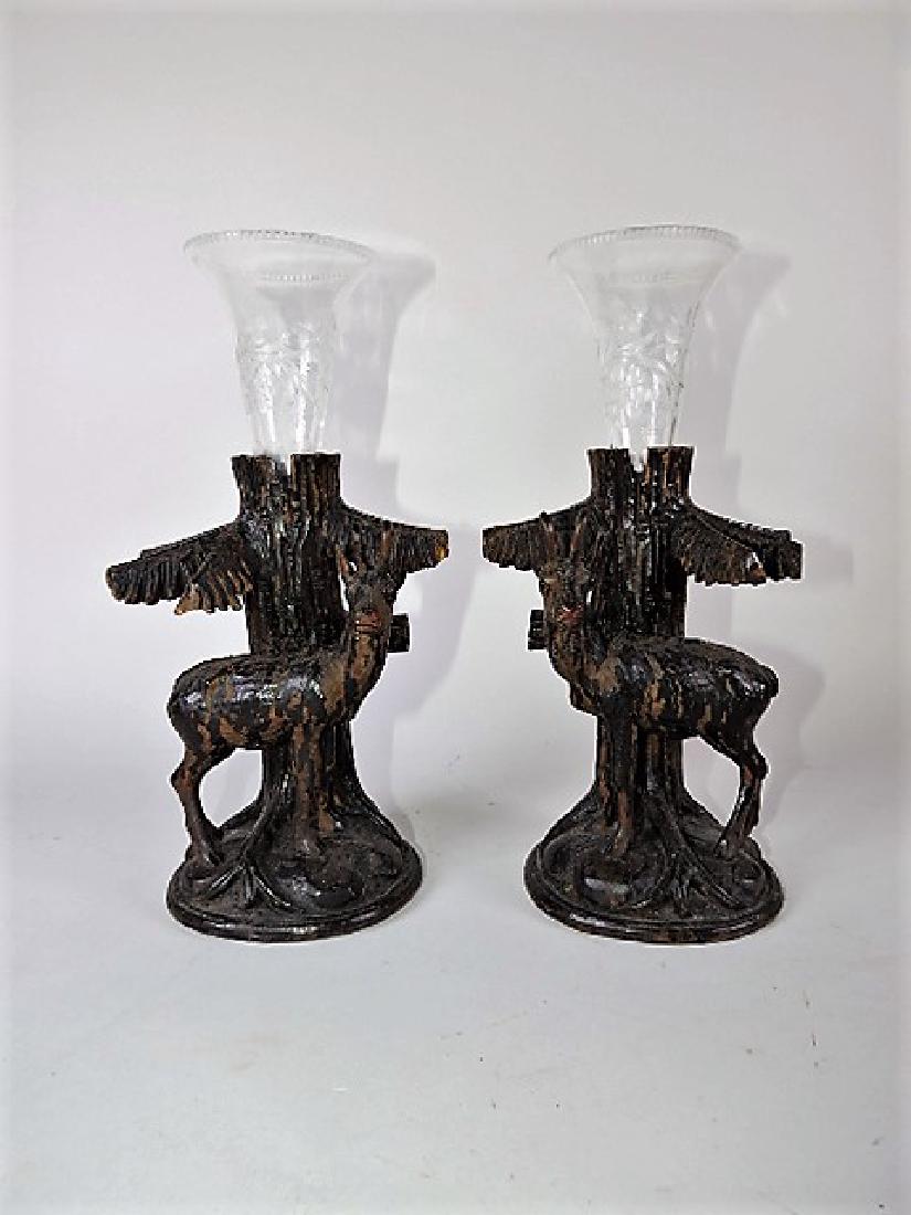Black Forest carved wooden pair of deer figural vases (1 of 1)