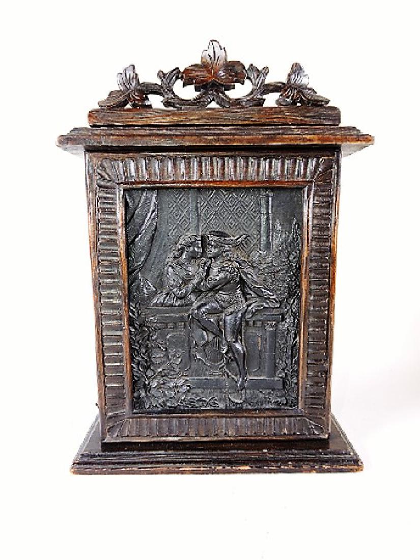 Black Forest carved wooden wall cabinet with romantic: romantic couple on door 16"h, 11"w