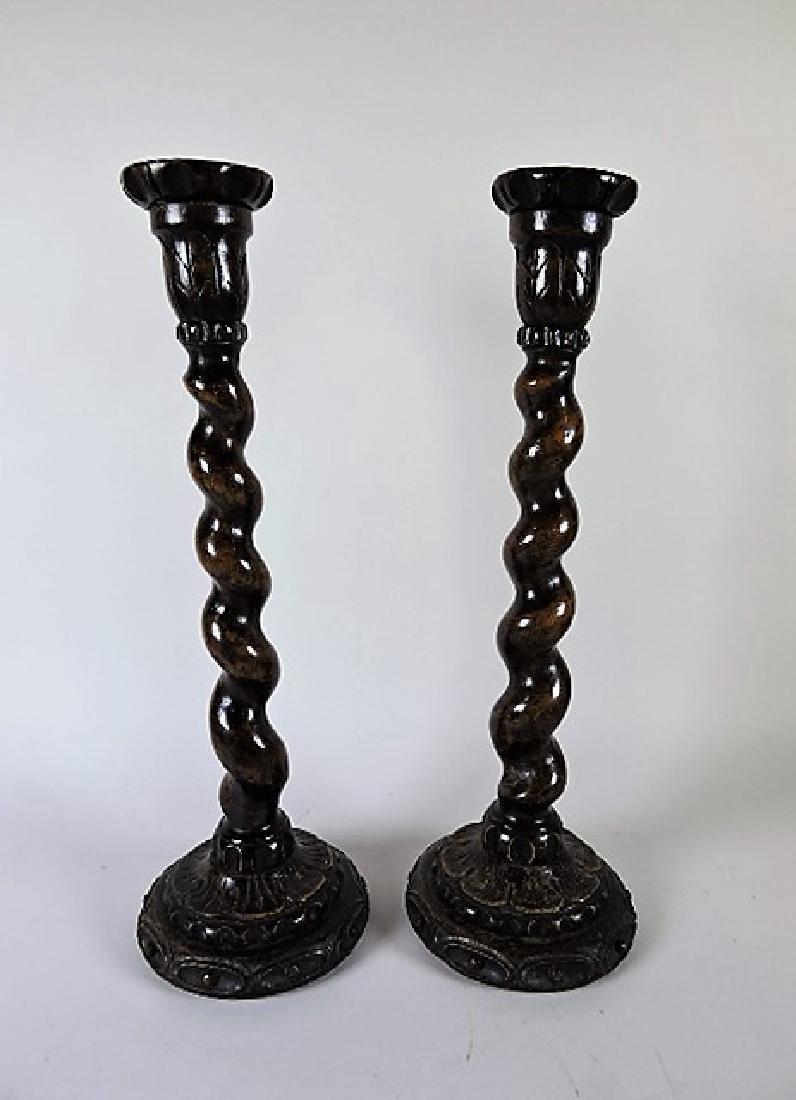 Wood carved pair of twisted candle holders 15" (1 of 1)