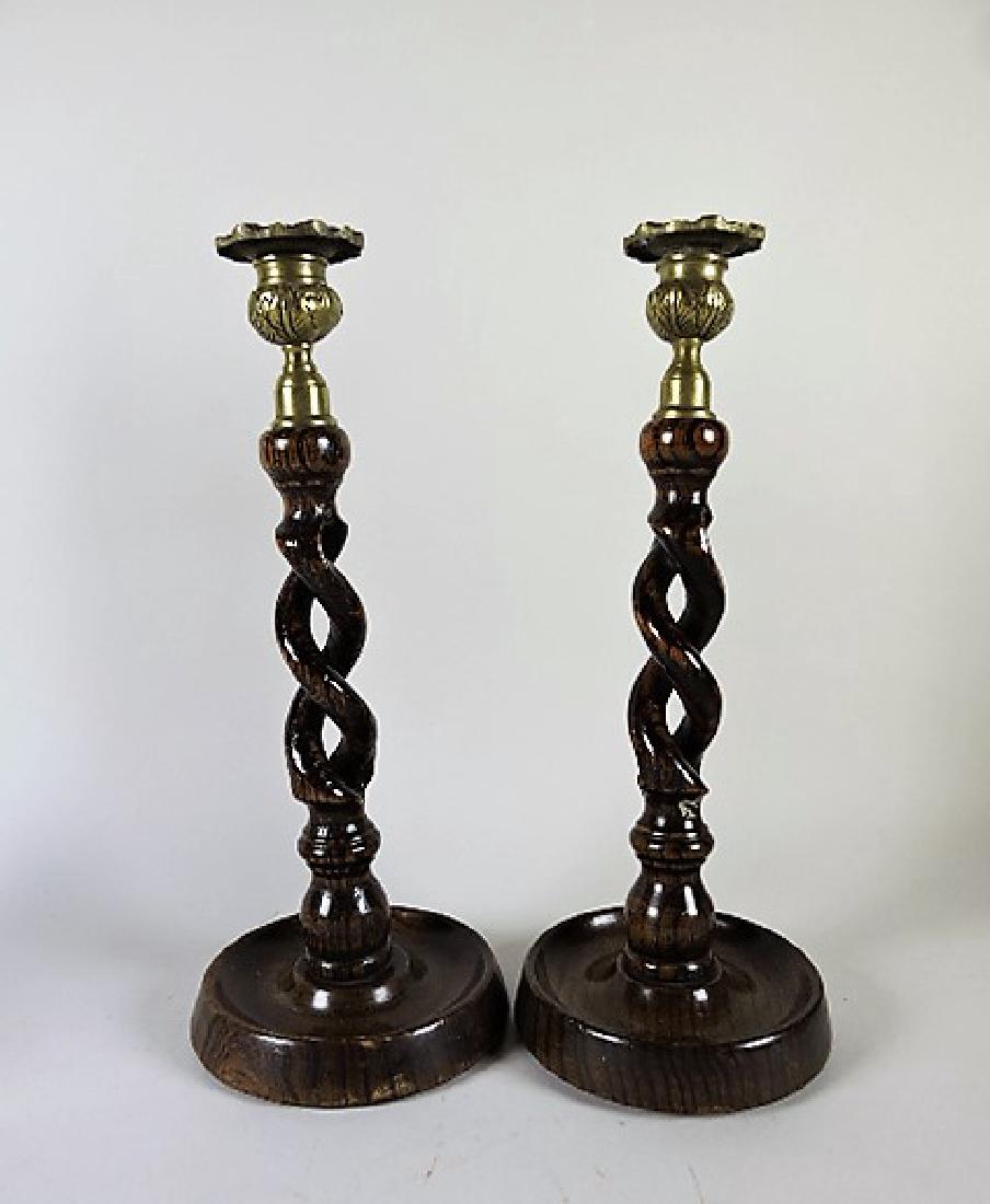 Wood carved pair of twisted candle holders 12", with (1 of 1)