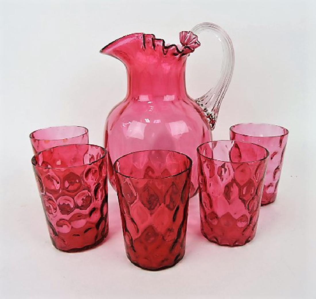 Cranberry thumbprint 6 pc water set, chip to 2 (1 of 1)