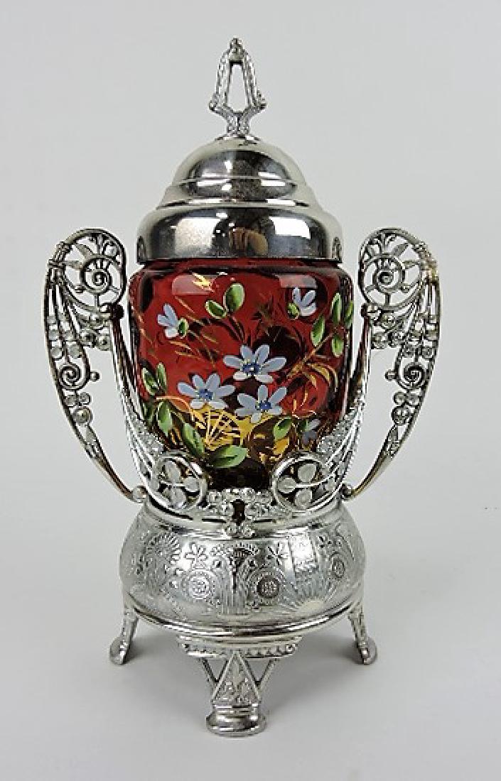Pickle castor with amberina floral enamel insert: .