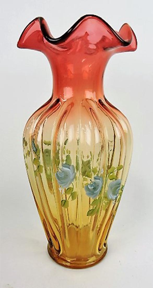 Fenton amberina glass vase with floral enamel 11" (1 of 1)