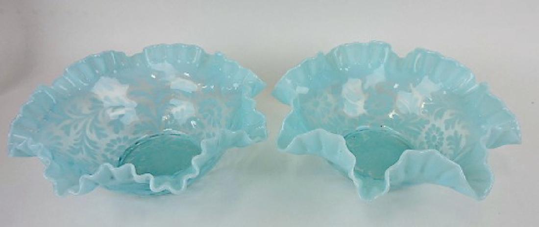 Blue opalescent daisy and fern pair of bride's: bowls, 10"