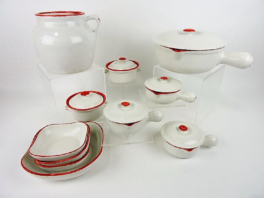 Hall China set - red & white - cookie jar,: casserole, 4 bowls (one with hairline)