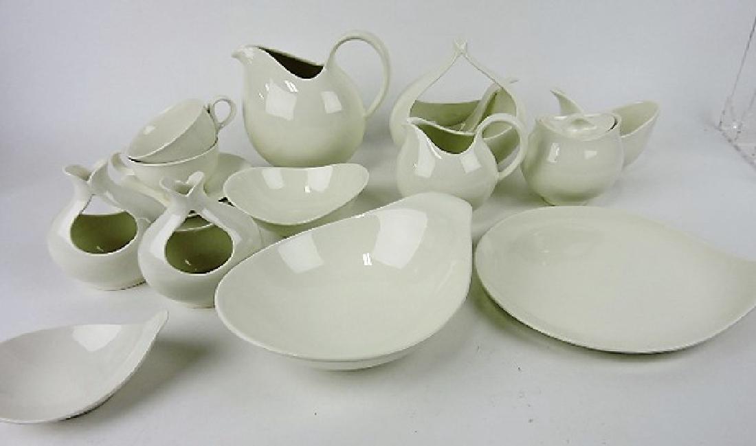 Mid Century Hallcraft White Eva Zeisel lot of: dinnerware, 15 pcs - gravy & ladle, cream, sugar, pair candle holders, 2 cups & saucers, 9" bowl, 40oz jug, and others
