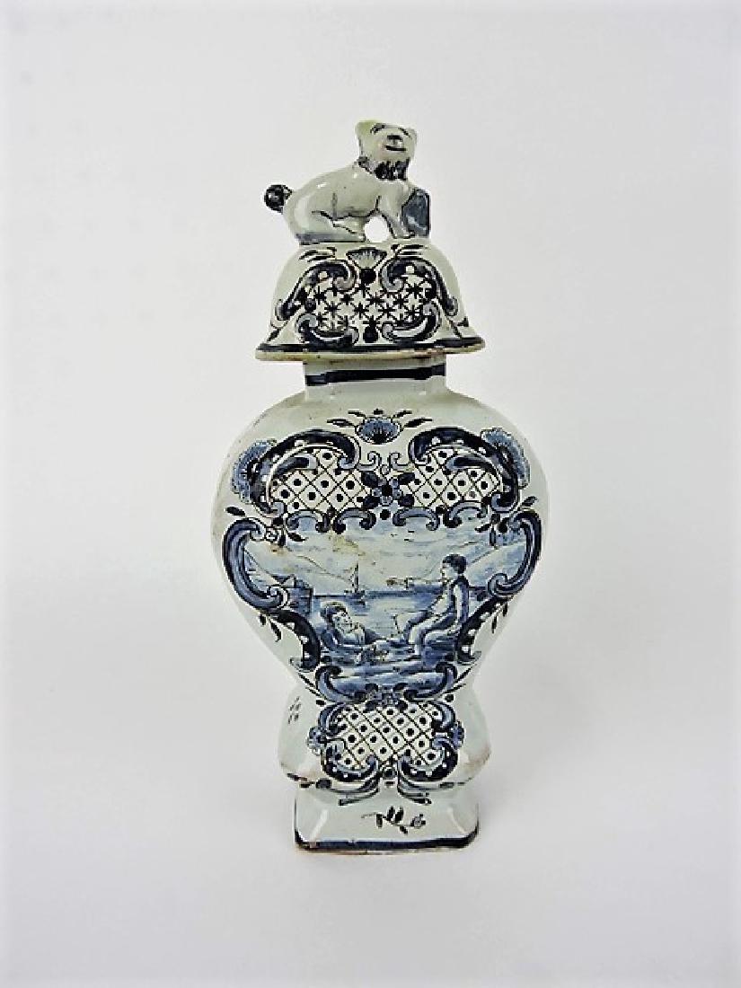 Early Blue Delft ginger jar with dog finial, 9", (1 of 3)