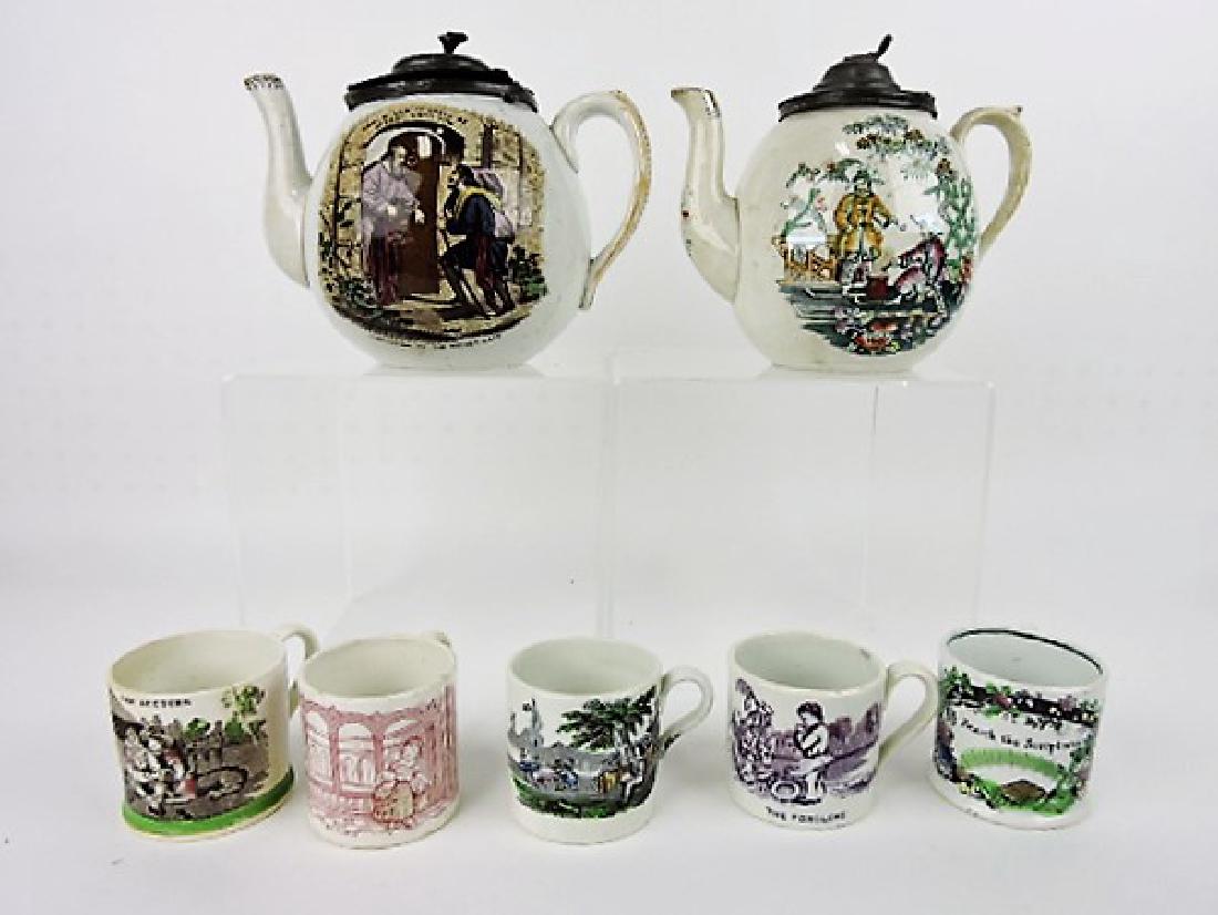 English Pearlware lot of 2 teapots and 5 mugs, vc (1 of 1)
