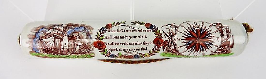 English Pearlware rare rolling pin with Schooner (1 of 4)