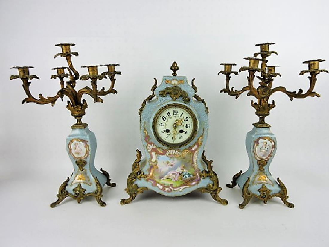 French porcelain 3 pc garniture clock and pair of (1 of 5)
