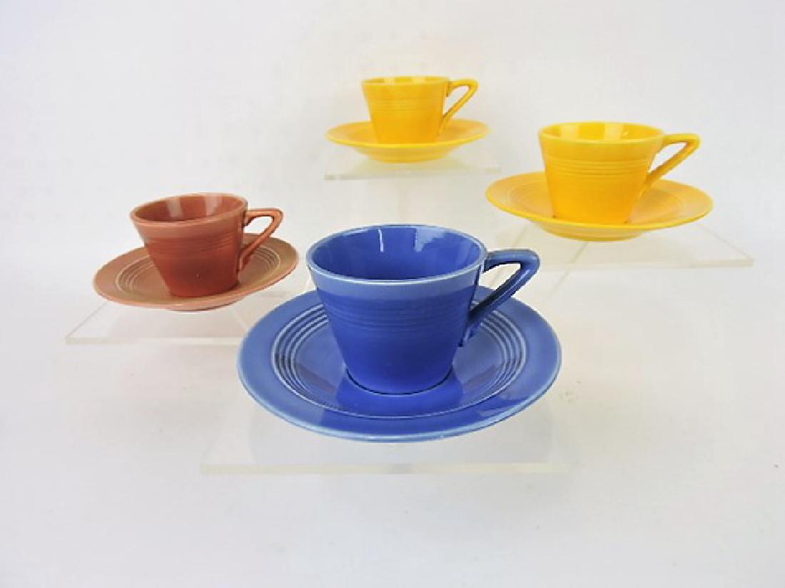 Fiesta Harlequin, lot of 4 demitasse cups &: saucers, 2 yellow, rose, mauve blue (hair line to rose cup)