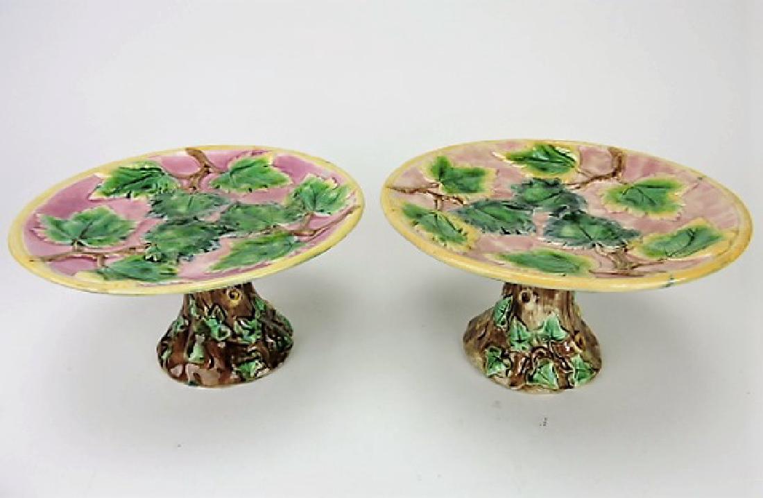 Etruscan majolica lot of 2 maple leaf cake stands (1 of 1)