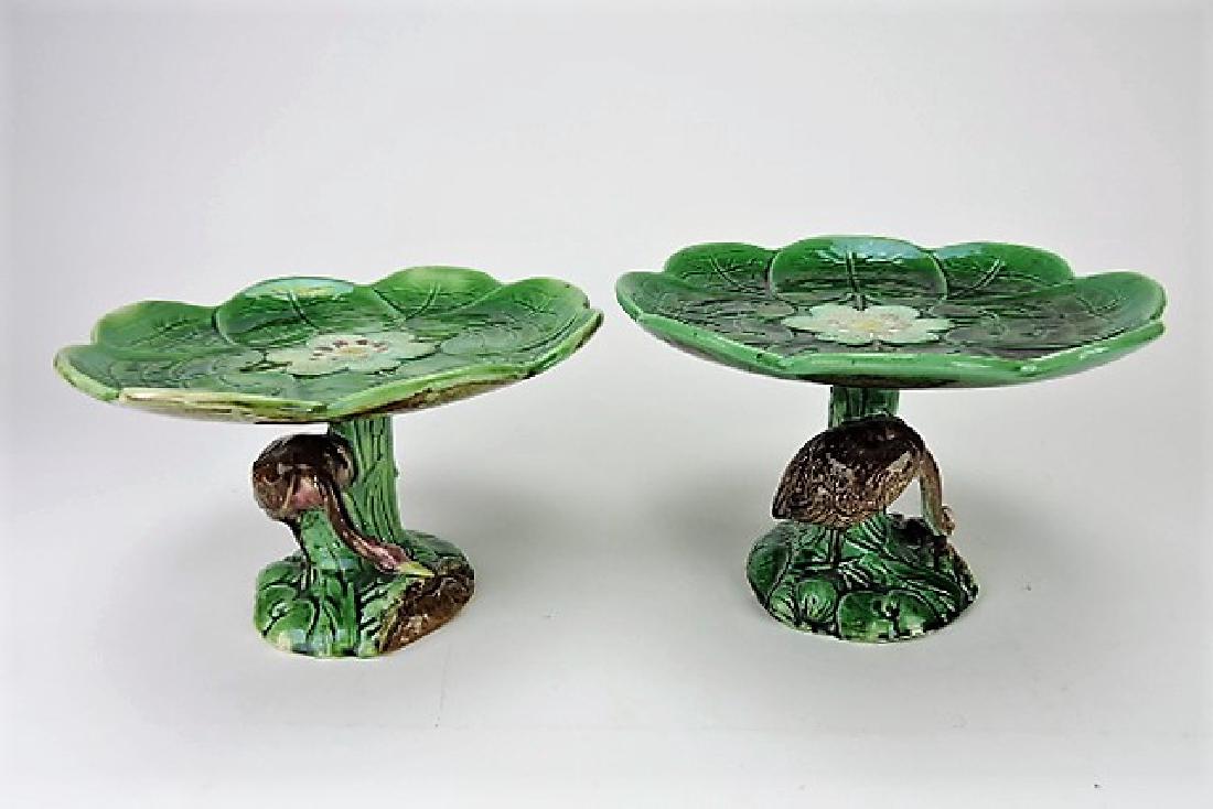 Majolica pond lily lot of 2 cake stands with stork (1 of 1)