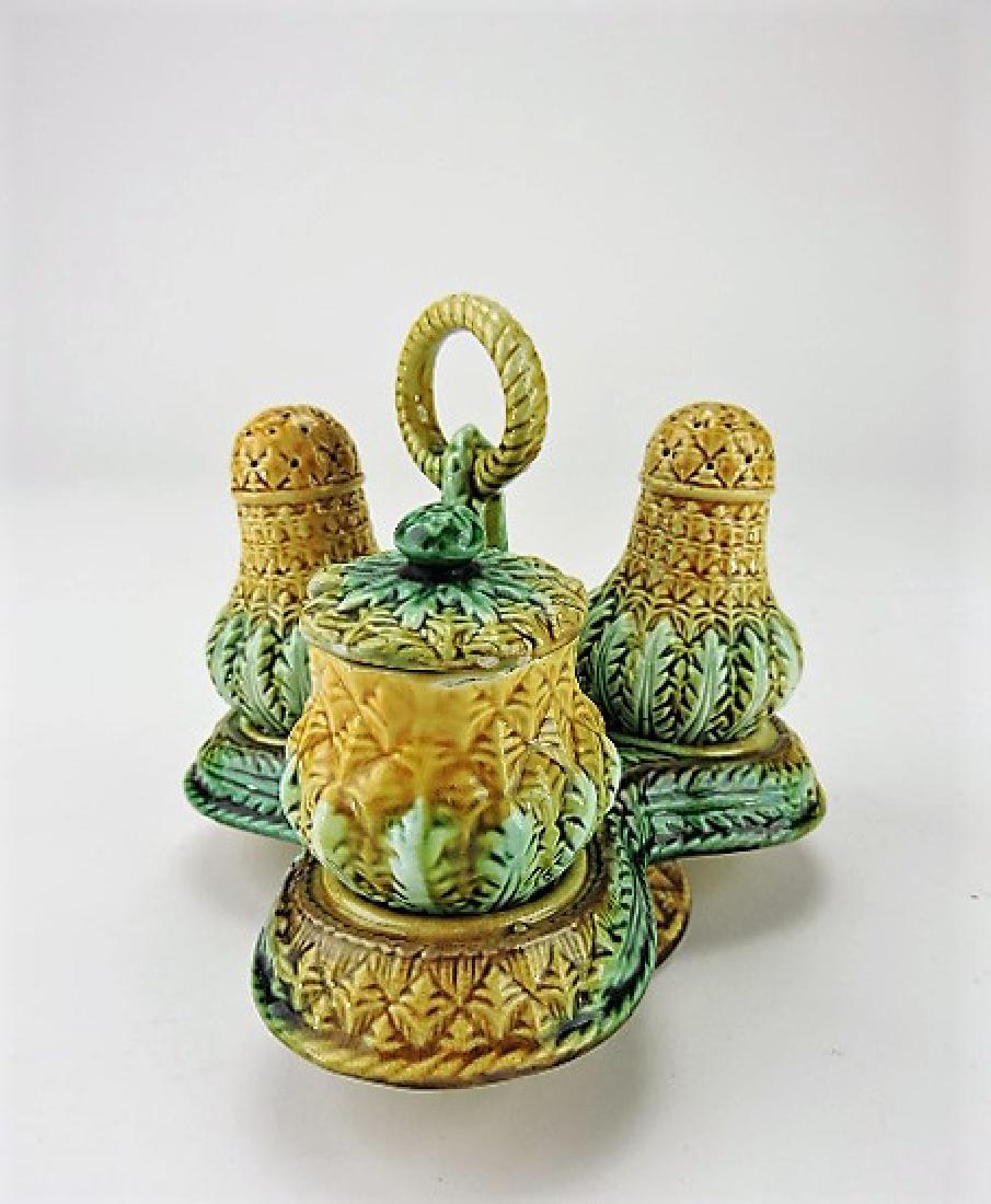 Majolica pineapple condiment set with mustard,: salt, pepper and holder