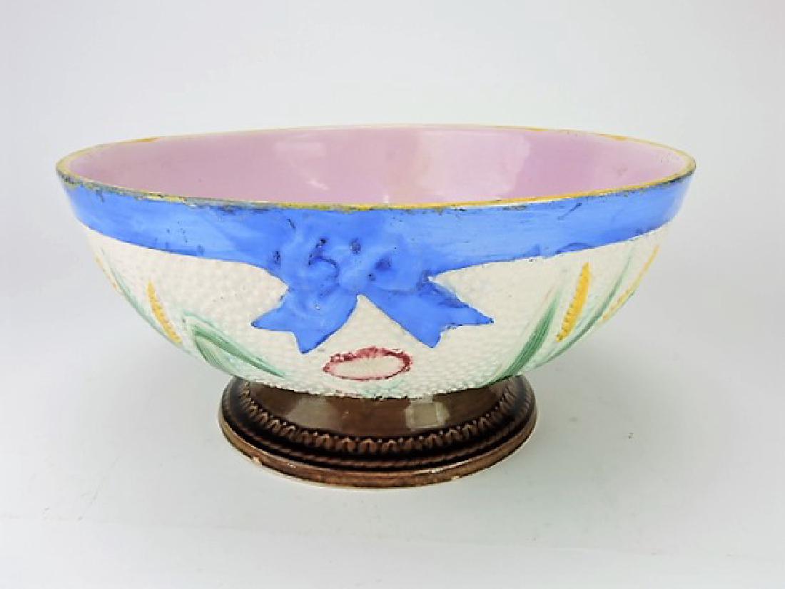 Fielding wheat and daisy large majolica punch bowl: rim chip to base, 14" d, 6 1/2" h