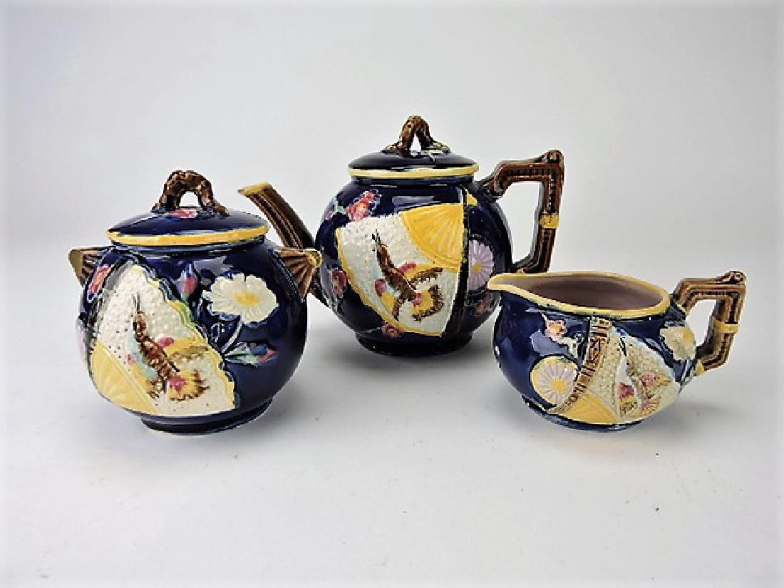 Majolica cobalt bird and fan 3 pc tea set, various (1 of 1)