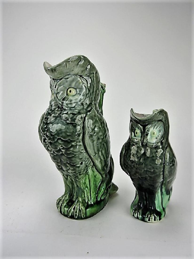 Majolica lot of 2 figural owl pitchers, 6 1/2" & (1 of 1)