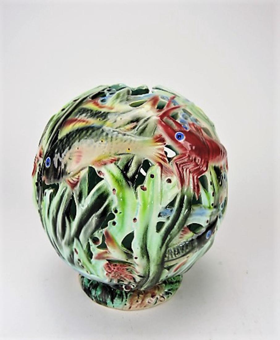 Majolica pierced lamp shade with fish, lobster and: other sea life, 9"