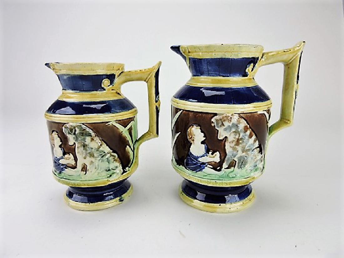 Majolica lot of 2 "Can't you talk" pitchers, 7" & (1 of 1)