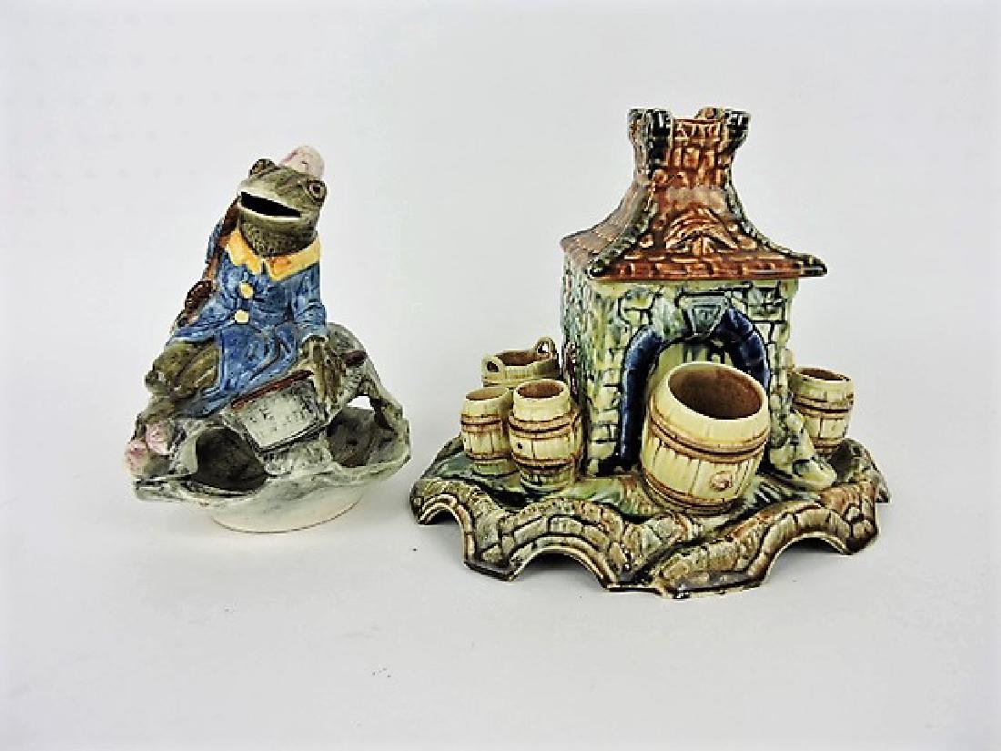 Majolica frog incense burner and figural match: striker, various condition