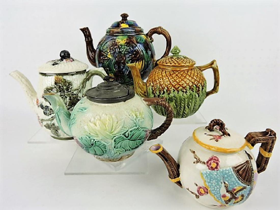 Majolica lot of 5 teapots, various condition (1 of 1)