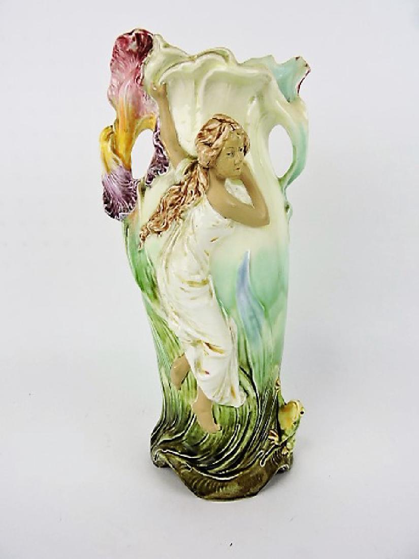 Continental majolica vase with lady and frog 12" (1 of 2)