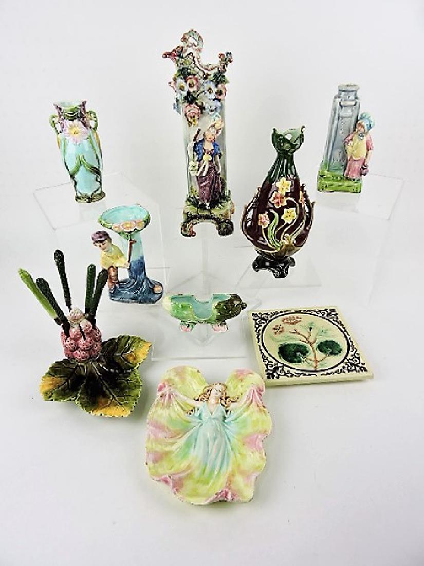 Majolica lot of 9 assorted vases and other items, (1 of 1)